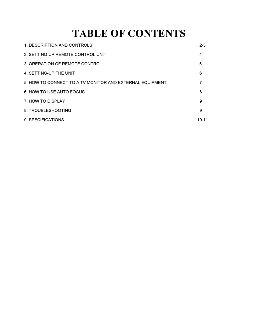 Eiki V-2500 instruction manual Table of Contents 