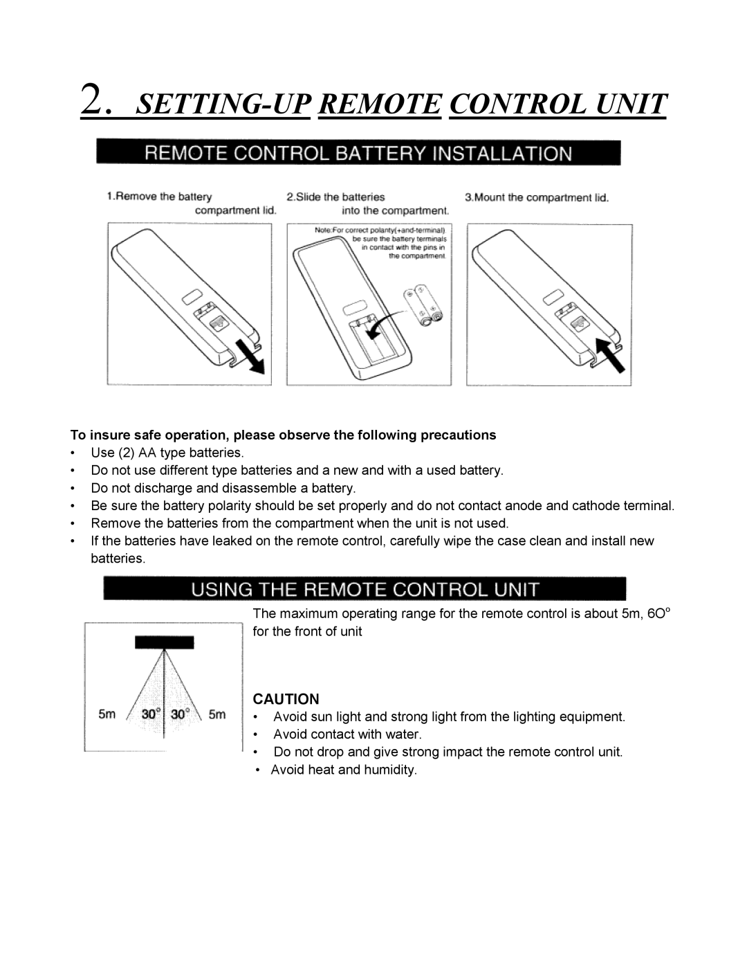 Eiki V-2500 instruction manual SETTING-UP Remote Control Unit 