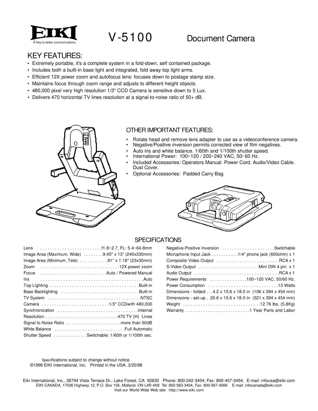 Eiki V5100 specifications Document Camera, KEY Features, Other Important Features, Specifications 