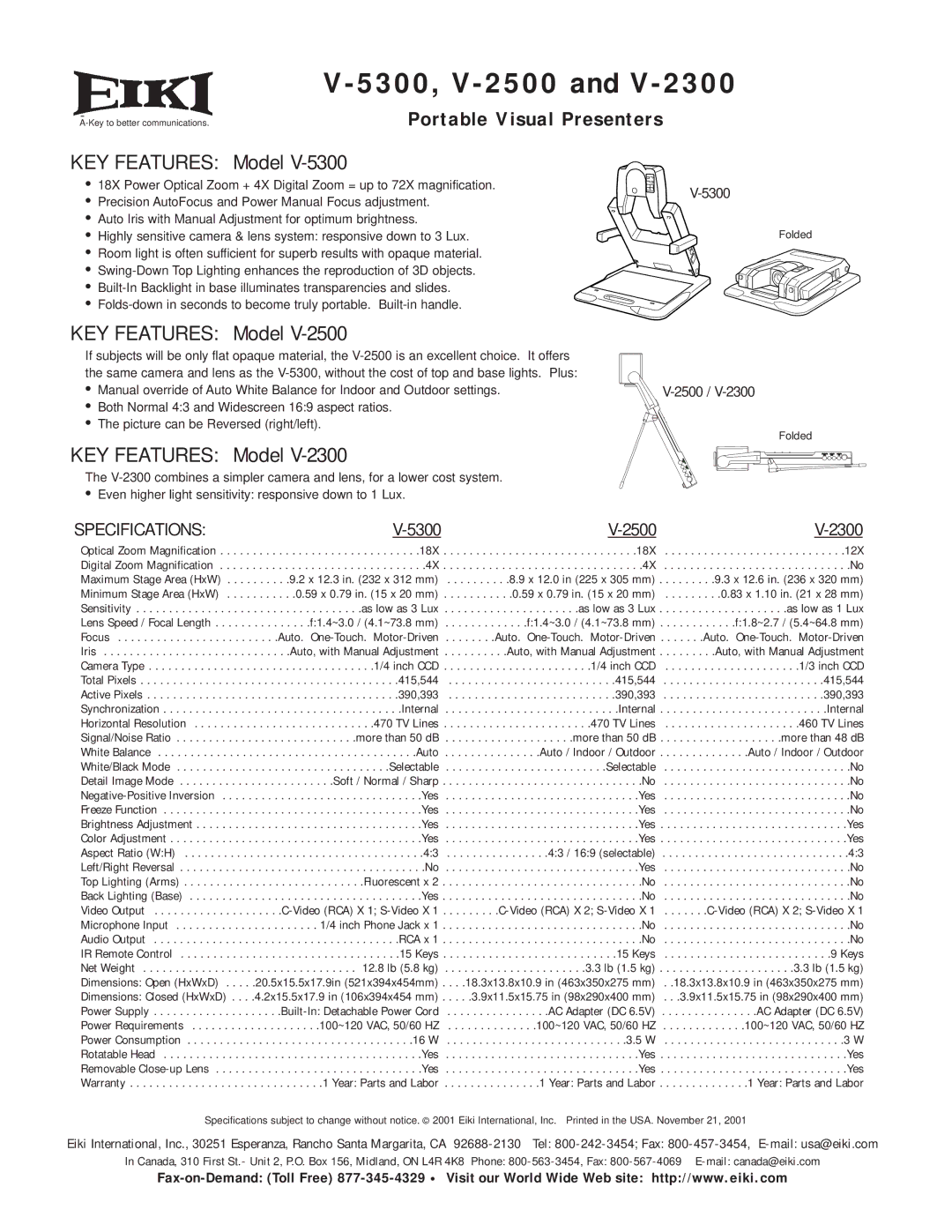 Eiki V-2300, V5300 specifications 5300, V-2500, Portable Visual Presenters, Specifications, 5300 2500 2300 