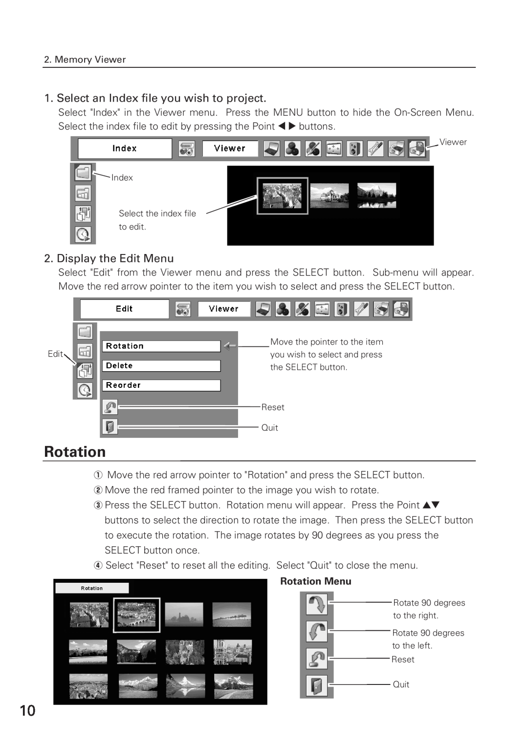 Eiki WL-10 owner manual Select an Index file you wish to project, Display the Edit Menu, Rotation Menu 