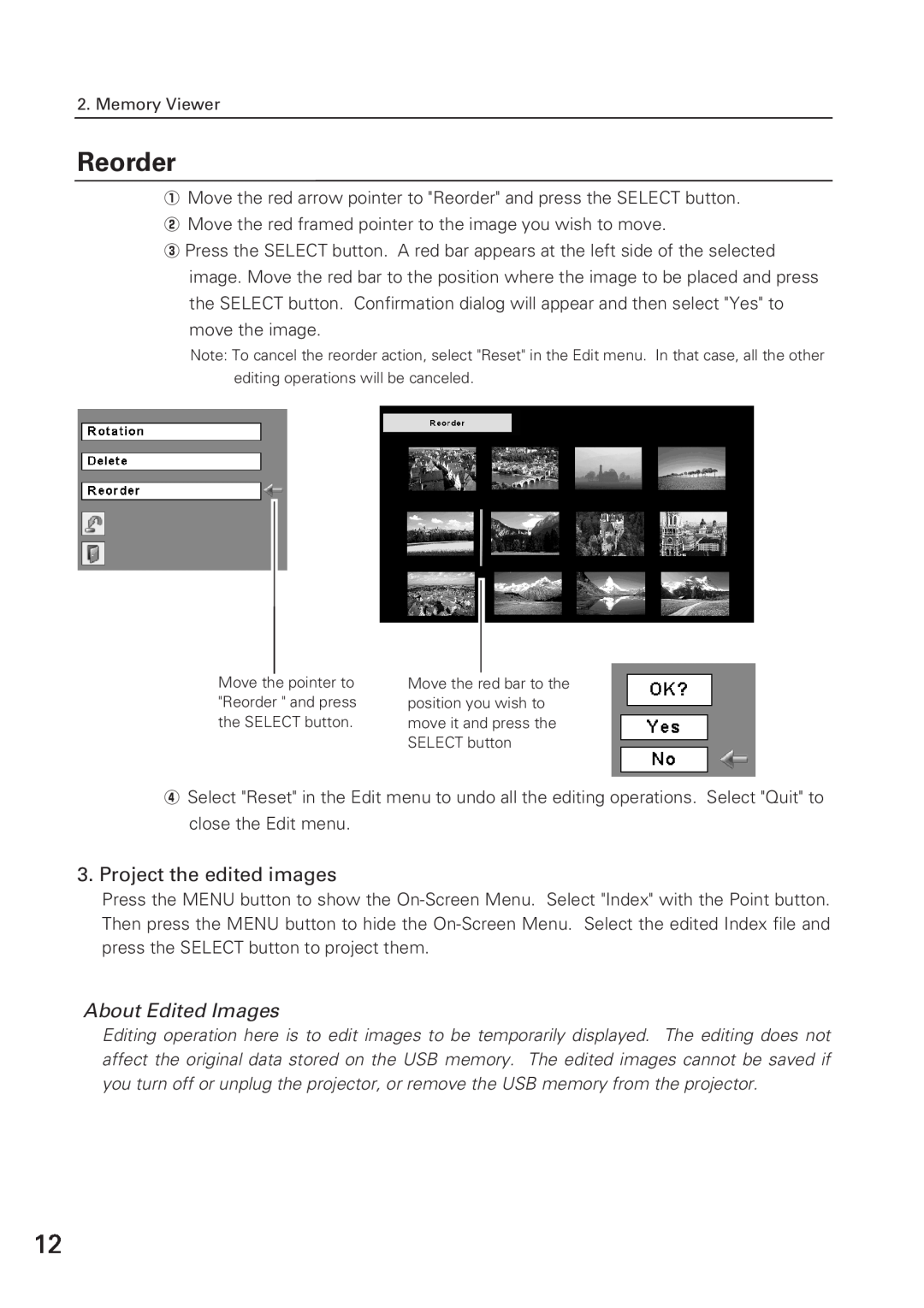Eiki WL-10 owner manual Reorder, Project the edited images, About Edited Images 