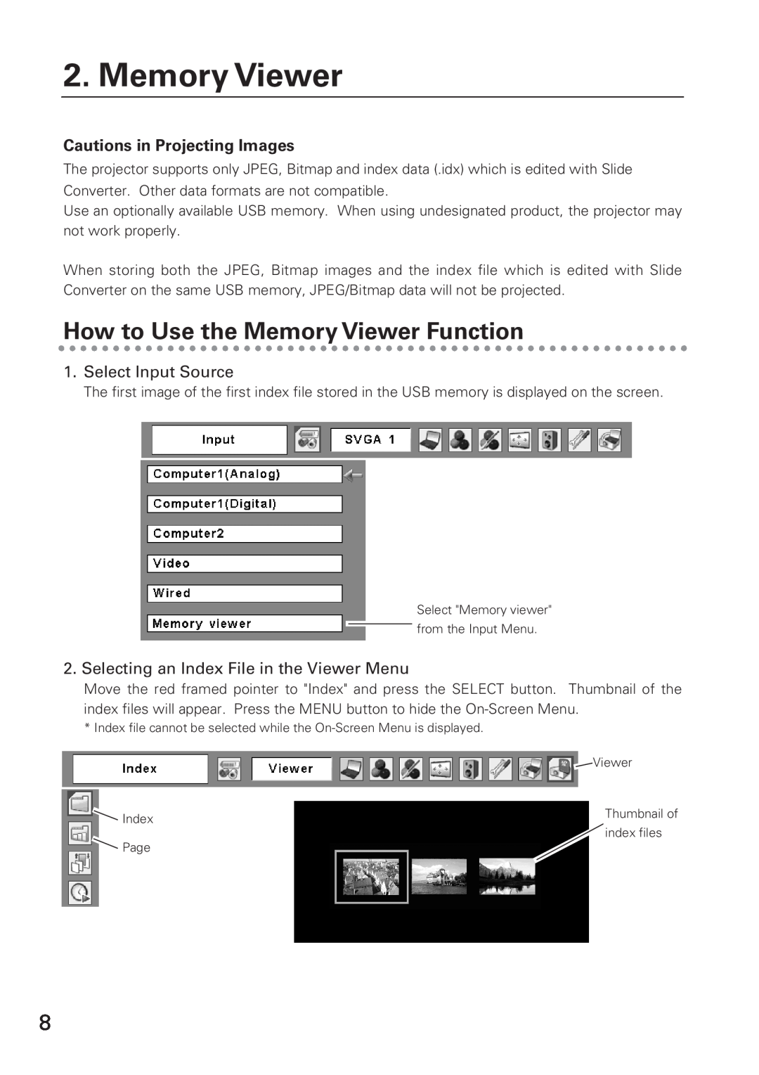 Eiki WL-10 owner manual How to Use the Memory Viewer Function, Cautions in Projecting Images, Select Input Source 