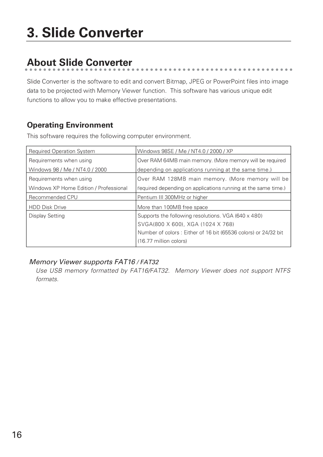 Eiki WL-10 owner manual About Slide Converter, Memory Viewer supports FAT16 / FAT32 