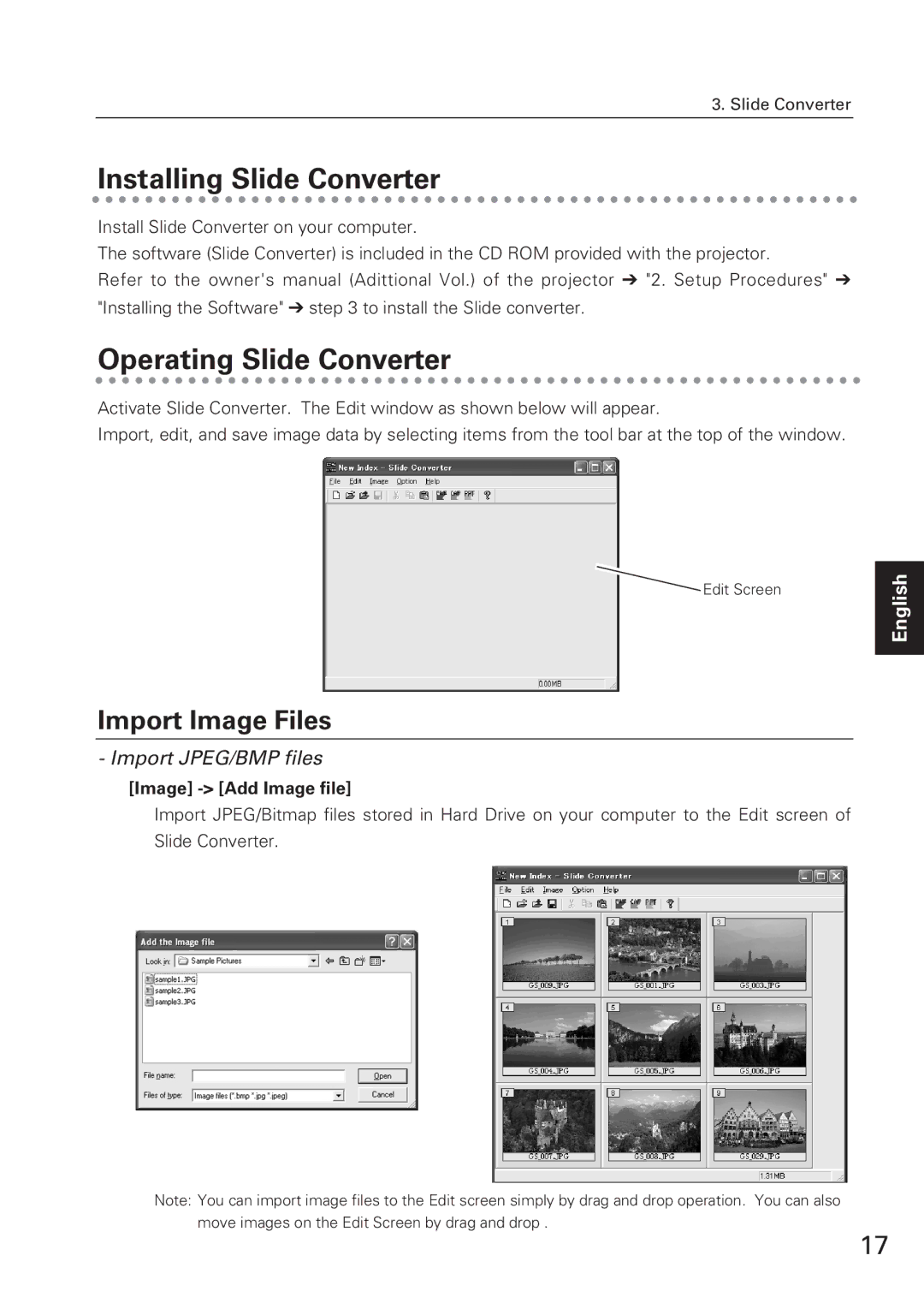 Eiki WL-10 owner manual Installing Slide Converter, Operating Slide Converter, Import Image Files, Import JPEG/BMP files 