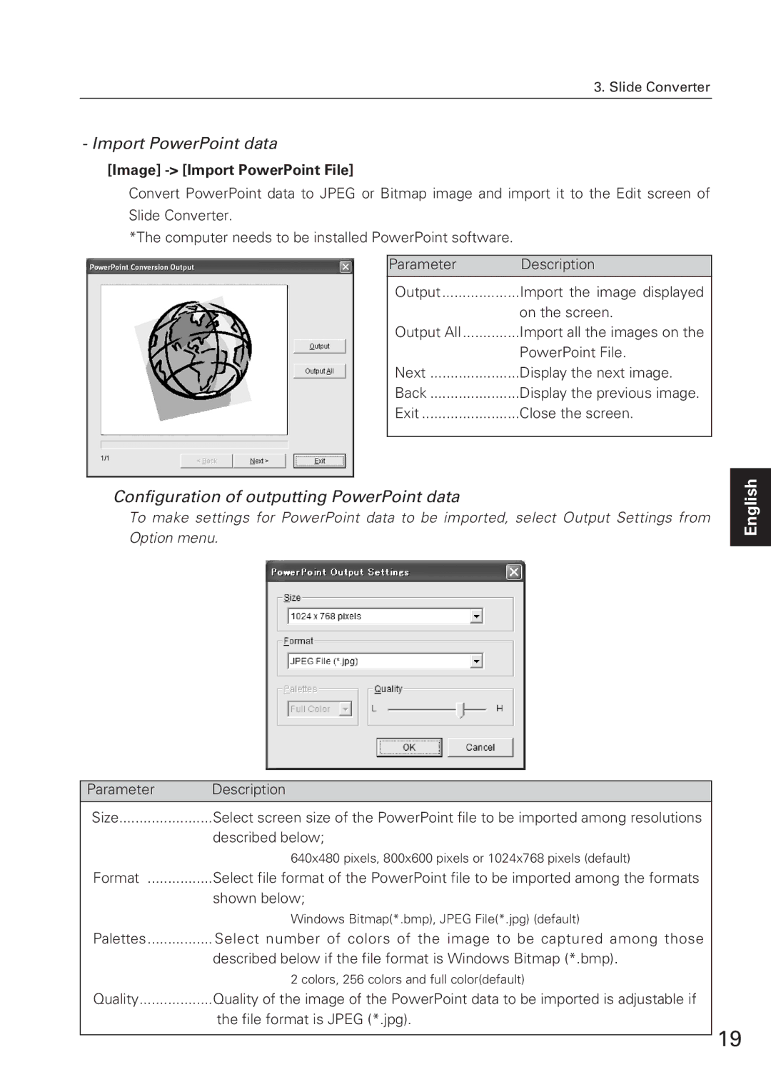 Eiki WL-10 owner manual Import PowerPoint data, Configuration of outputting PowerPoint data, Image Import PowerPoint File 