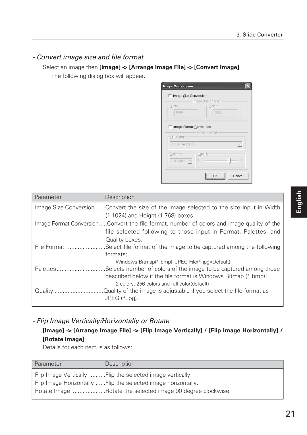 Eiki WL-10 owner manual Convert image size and file format, Flip Image Vertically/Horizontally or Rotate 