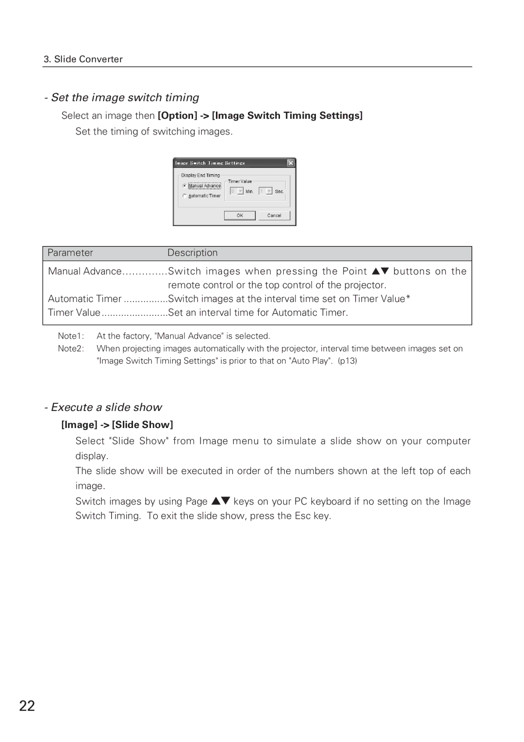 Eiki WL-10 Set the image switch timing, Execute a slide show, Select an image then Option Image Switch Timing Settings 