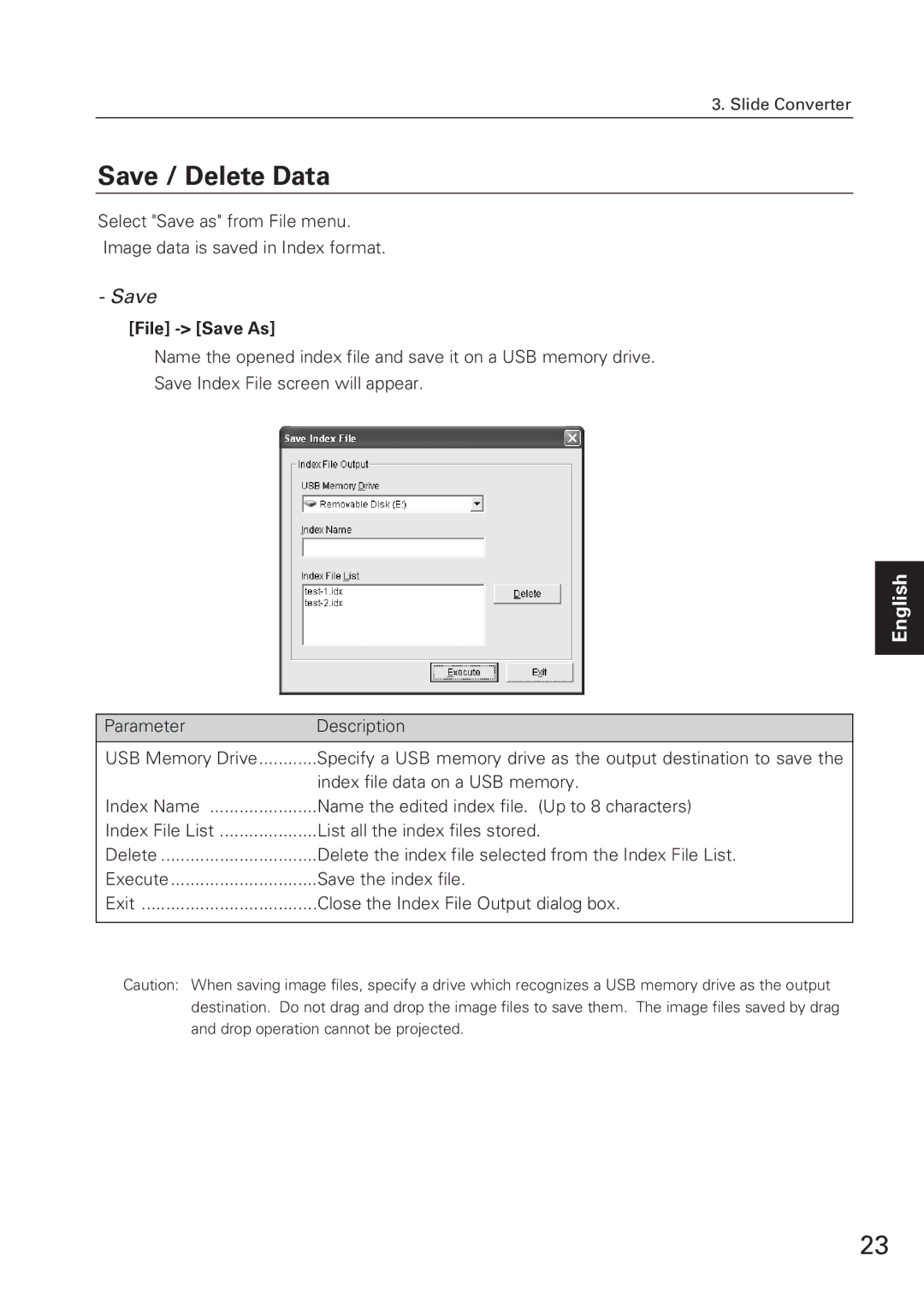 Eiki WL-10 owner manual Save / Delete Data, File Save As 