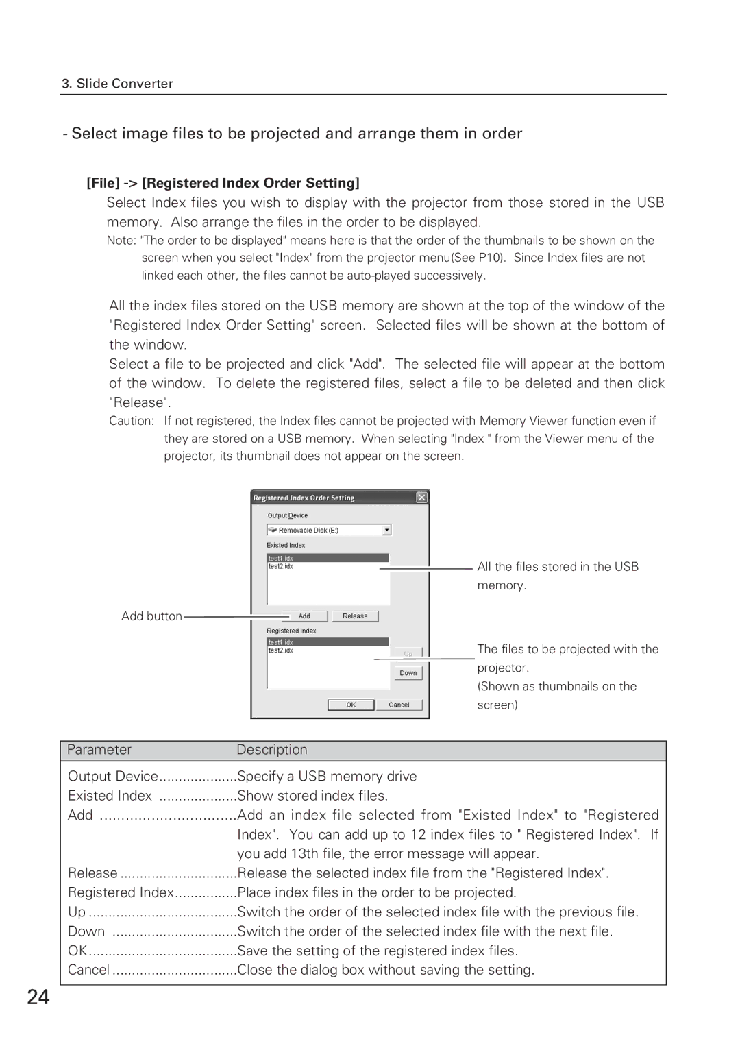 Eiki WL-10 owner manual Select image files to be projected and arrange them in order, File -Registered Index Order Setting 