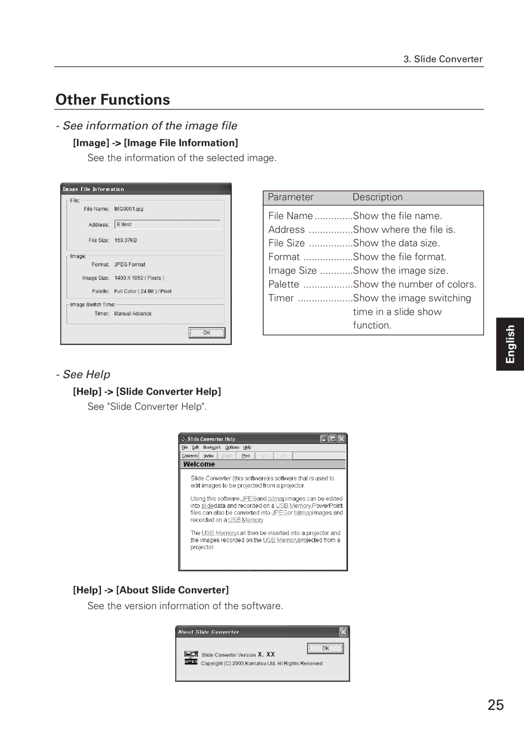 Eiki WL-10 owner manual Other Functions, See information of the image file, See Help 