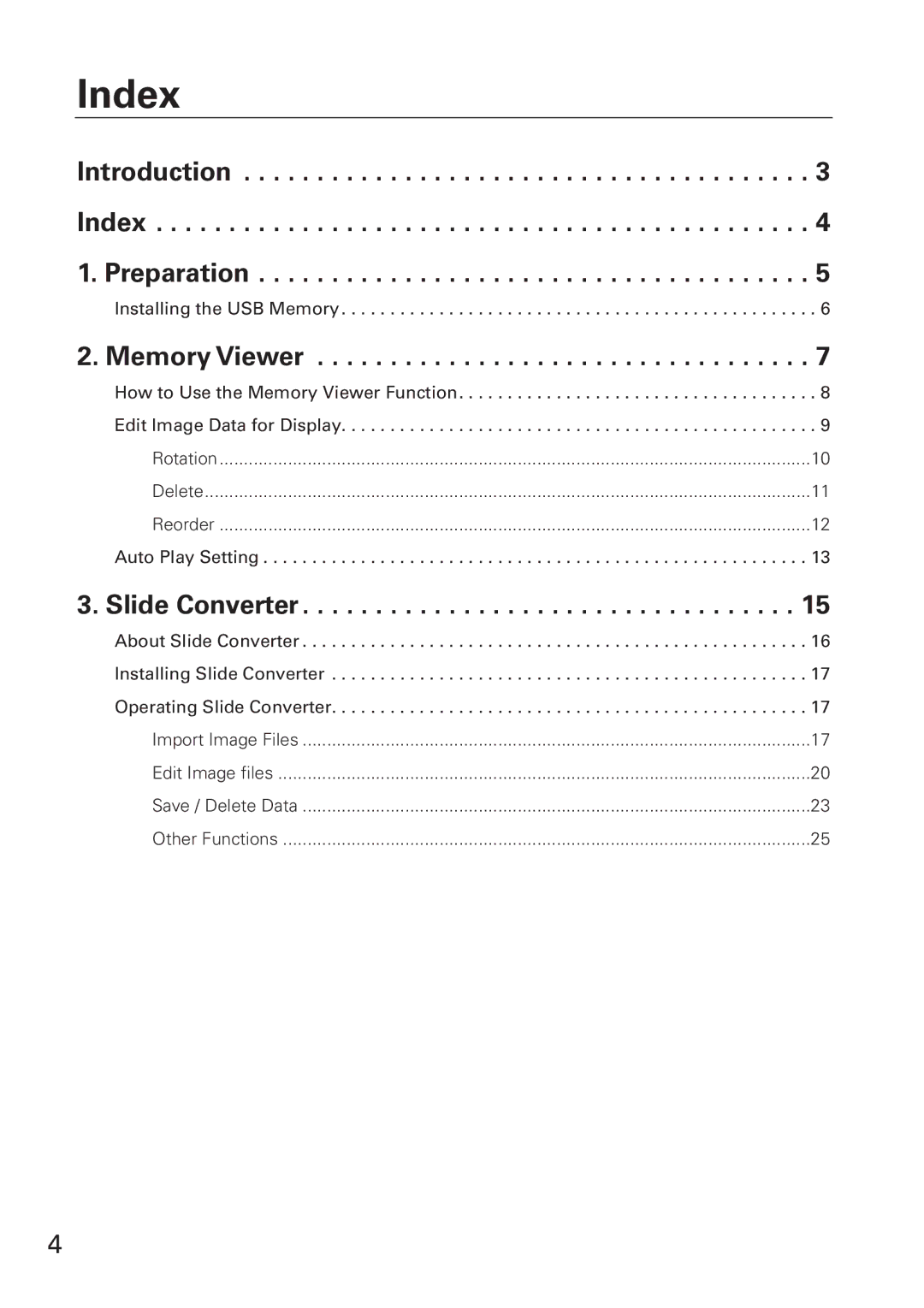 Eiki WL-10 owner manual Introduction Index Preparation, Memory Viewer, Slide Converter 