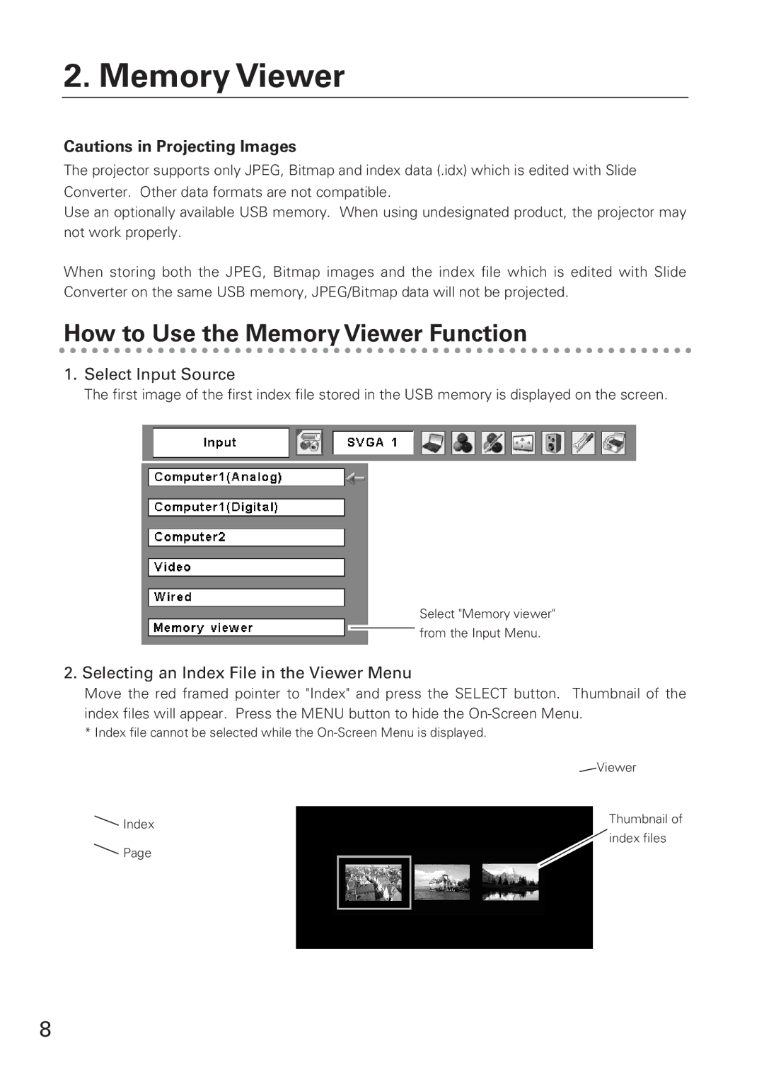 Eiki WL-10 How to Use the Memory Viewer Function, Select Input Source, Selecting an Index File in the Viewer Menu 