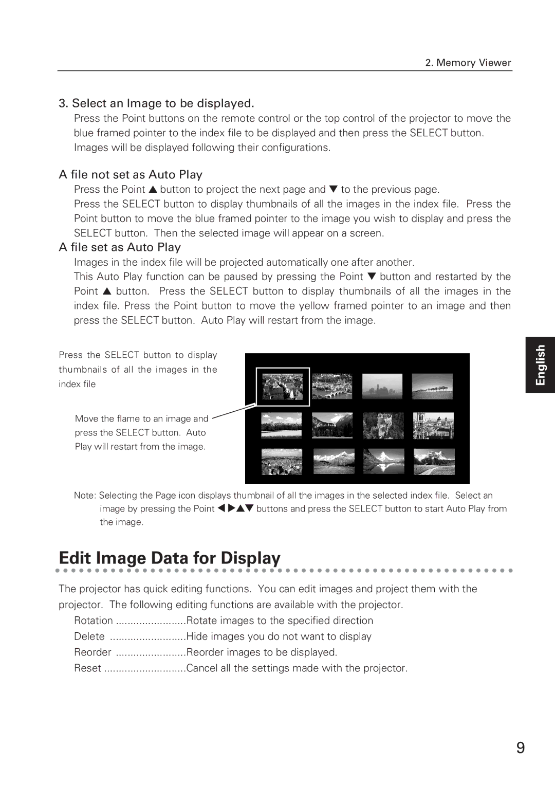 Eiki WL-10 Edit Image Data for Display, Select an Image to be displayed, File not set as Auto Play, File set as Auto Play 