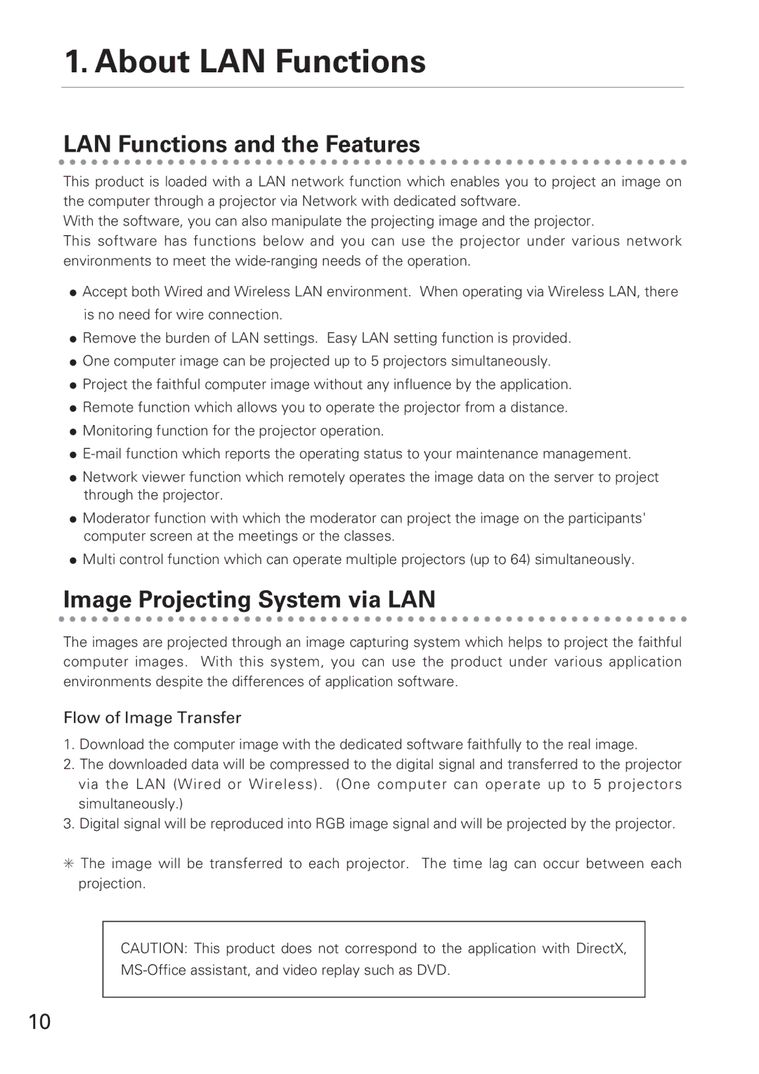 Eiki XG-705A About LAN Functions, LAN Functions and the Features, Image Projecting System via LAN, Flow of Image Transfer 