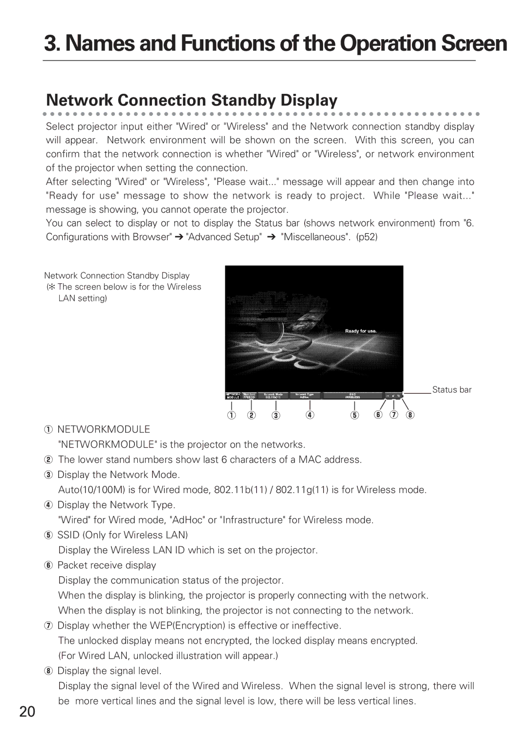 Eiki XG-705A owner manual Names and Functions of the Operation Screen, Network Connection Standby Display 