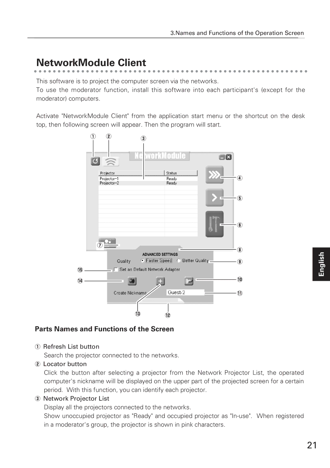 Eiki XG-705A owner manual NetworkModule Client, Parts Names and Functions of the Screen 