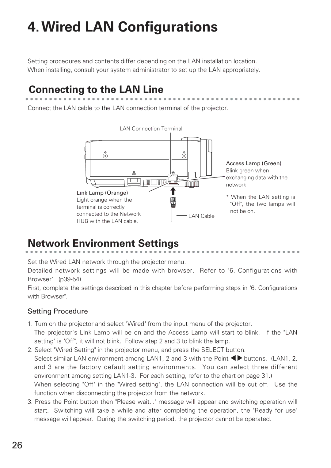 Eiki XG-705A Wired LAN Configurations, Connecting to the LAN Line, Network Environment Settings, Setting Procedure 