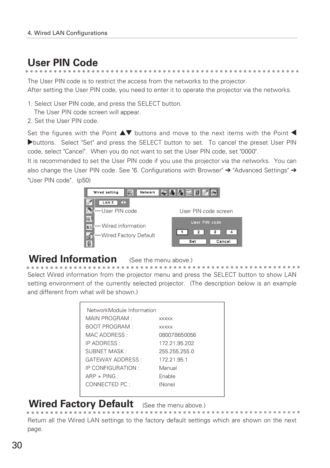 Eiki XG-705A owner manual User PIN Code, Wired Factory Default See the menu above 