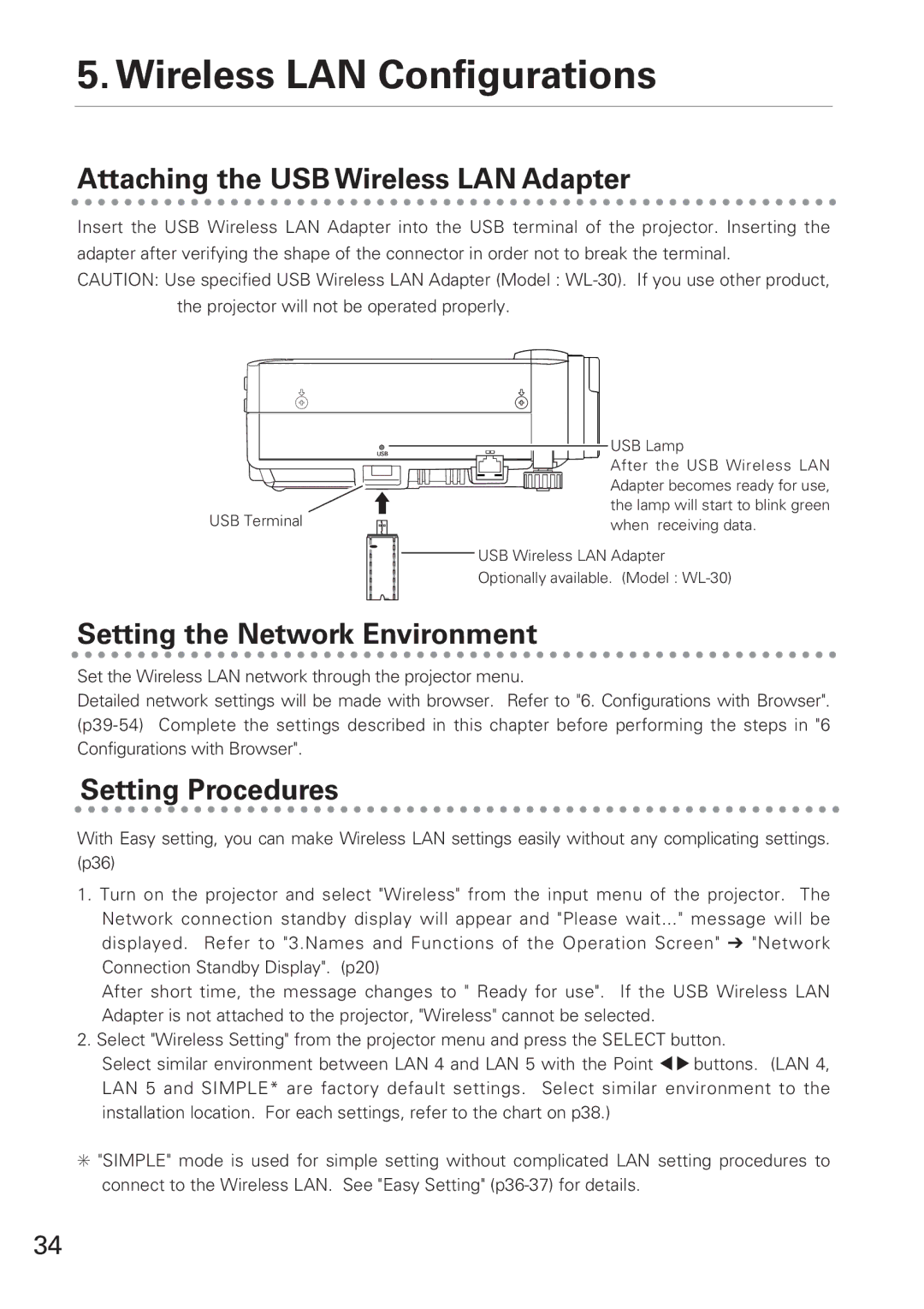 Eiki XG-705A Wireless LAN Configurations, Attaching the USB Wireless LAN Adapter, Setting the Network Environment 