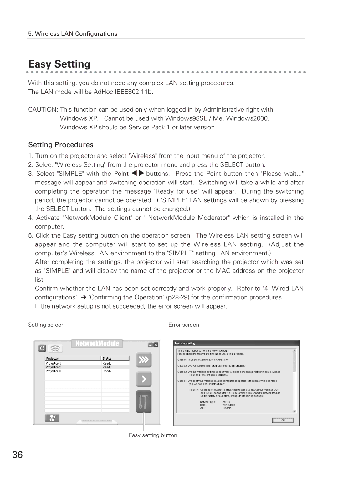 Eiki XG-705A owner manual Easy Setting, Setting Procedures 