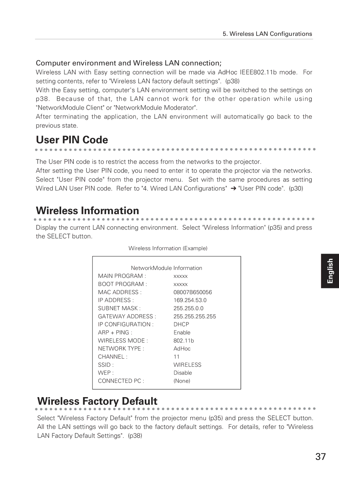 Eiki XG-705A owner manual Wireless Information, Wireless Factory Default, Computer environment and Wireless LAN connection 