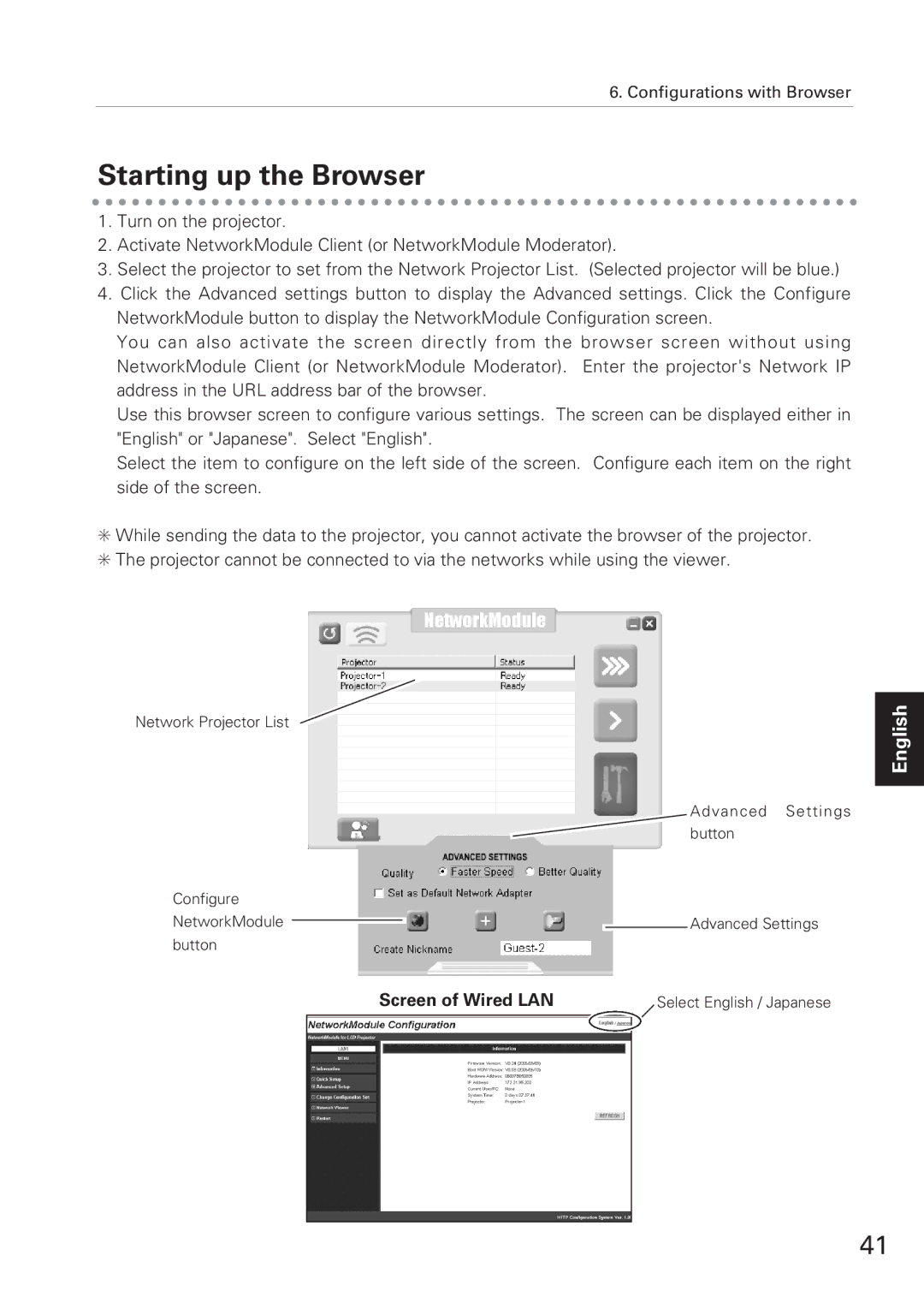 Eiki XG-705A owner manual Starting up the Browser 