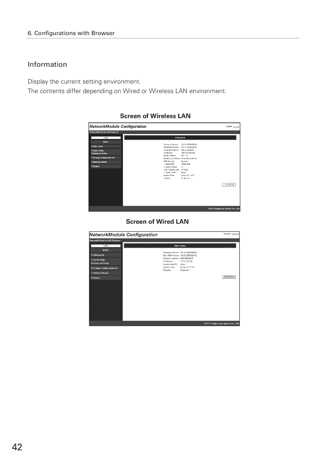 Eiki XG-705A owner manual Information, Screen of Wireless LAN Screen of Wired LAN 