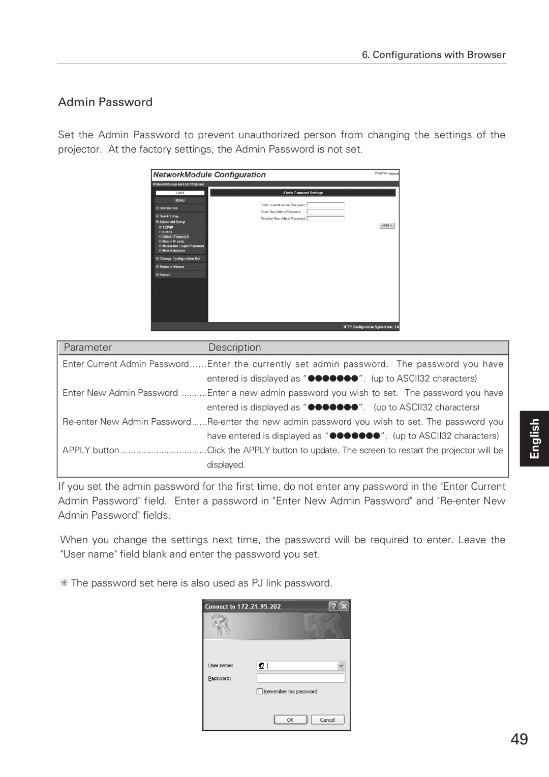 Eiki XG-705A owner manual Admin Password, Have entered is displayed as . up to ASCII32 characters 