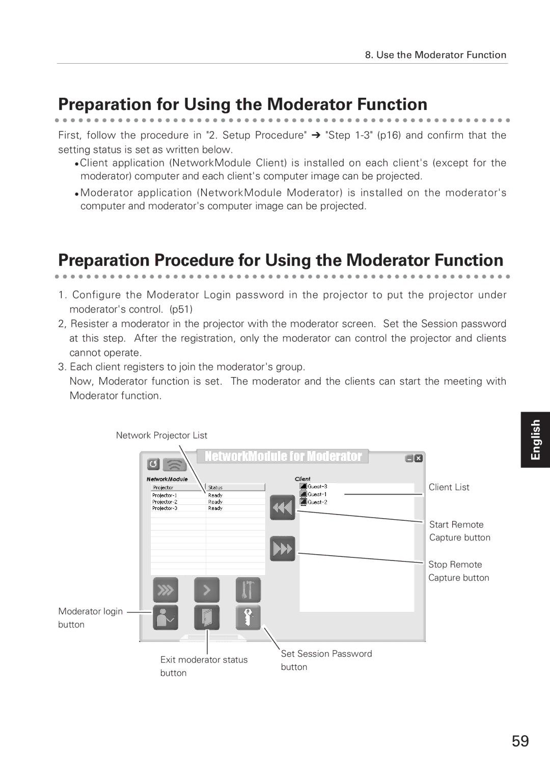 Eiki XG-705A Preparation for Using the Moderator Function, Preparation Procedure for Using the Moderator Function 