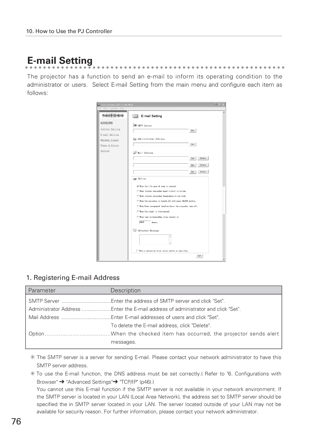 Eiki XG-705A owner manual Mail Setting, Registering E-mail Address 