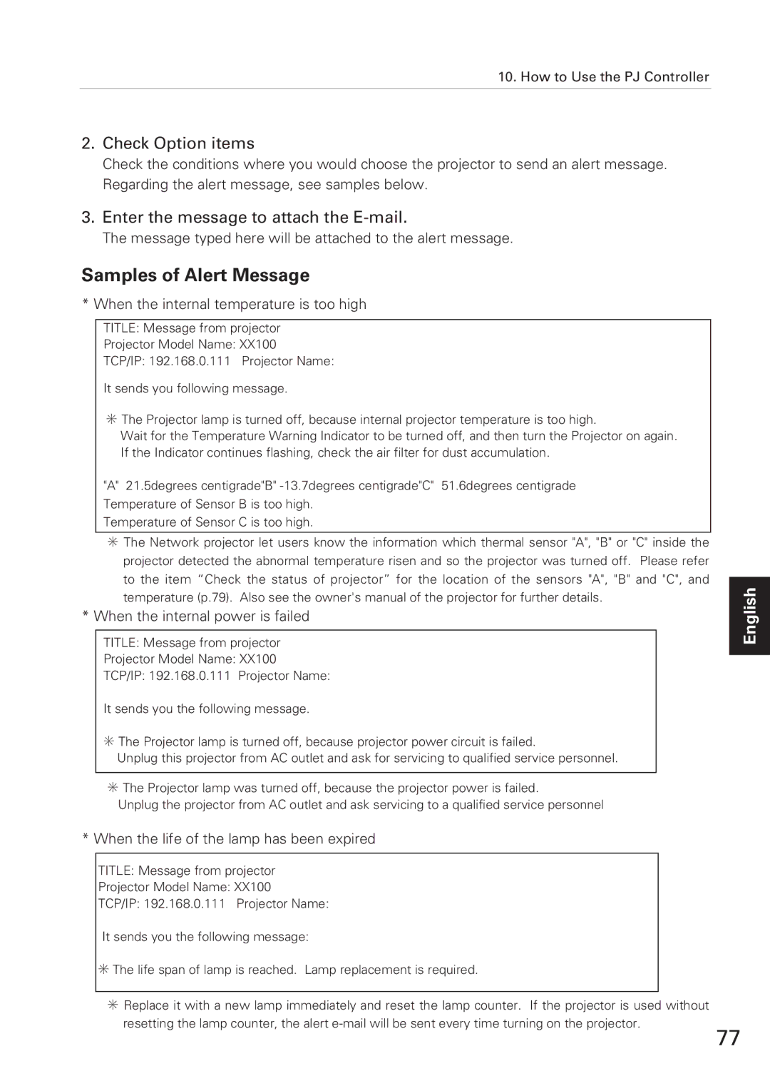 Eiki XG-705A owner manual Check Option items, Enter the message to attach the E-mail 