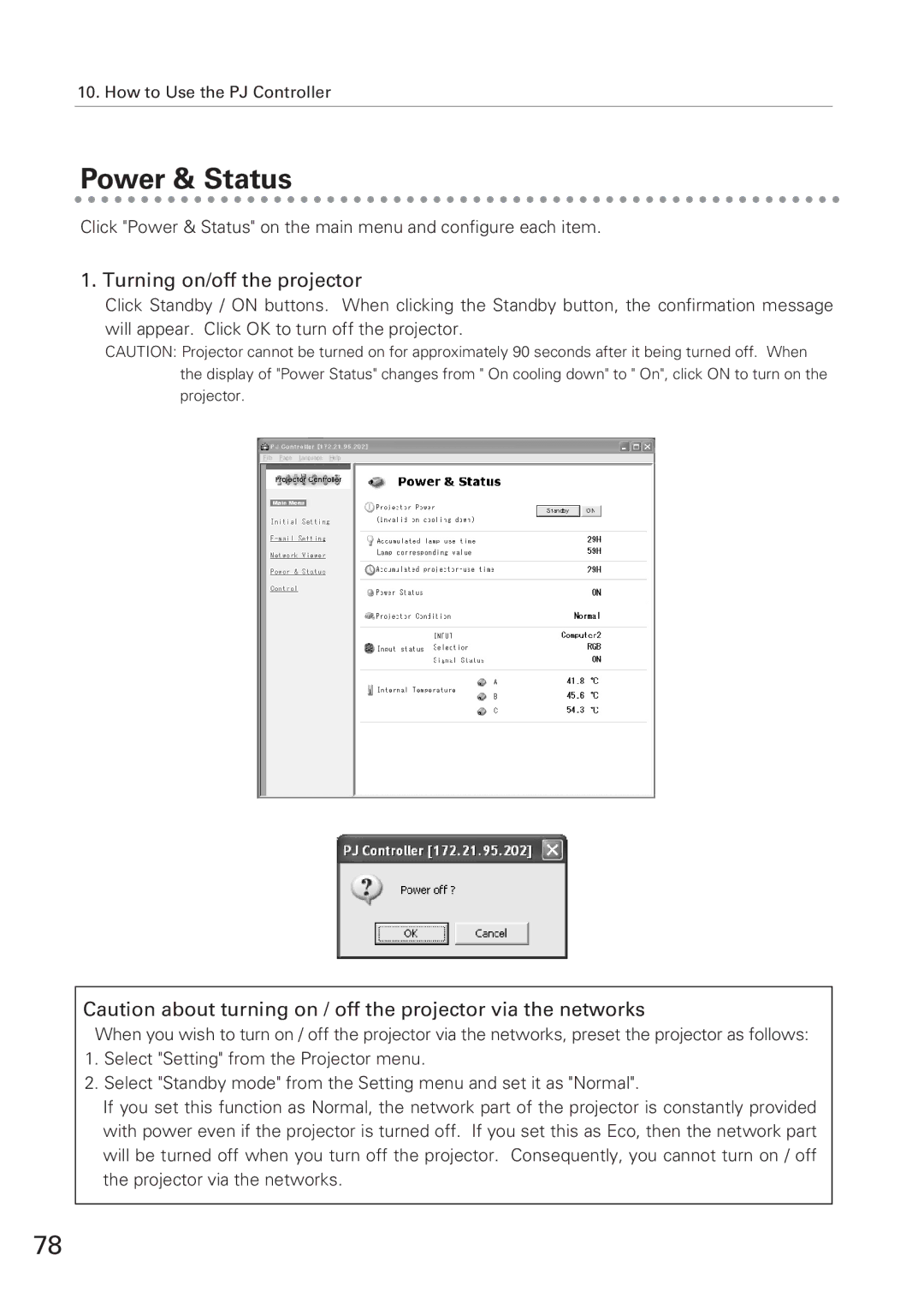 Eiki XG-705A owner manual Power & Status, Turning on/off the projector 