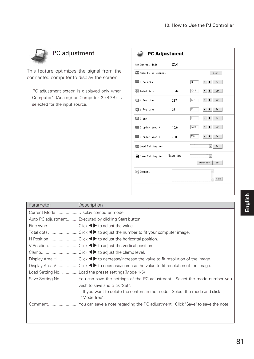 Eiki XG-705A owner manual PC adjustment 