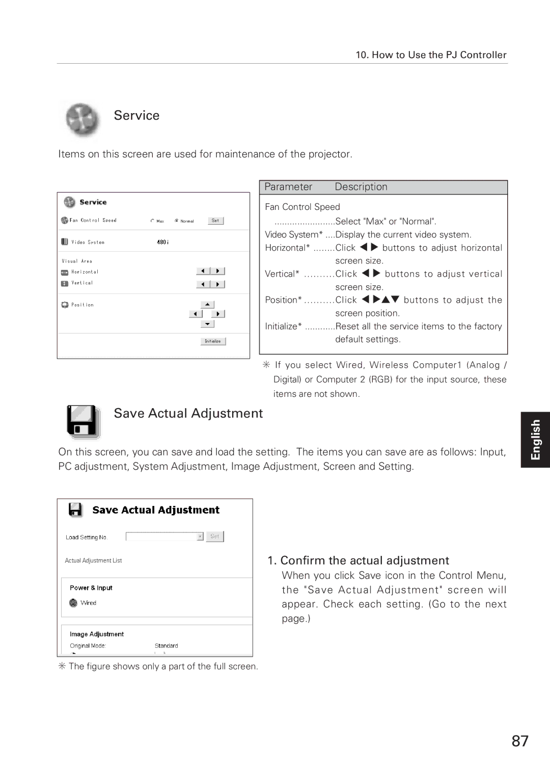 Eiki XG-705A owner manual Service, Confirm the actual adjustment 