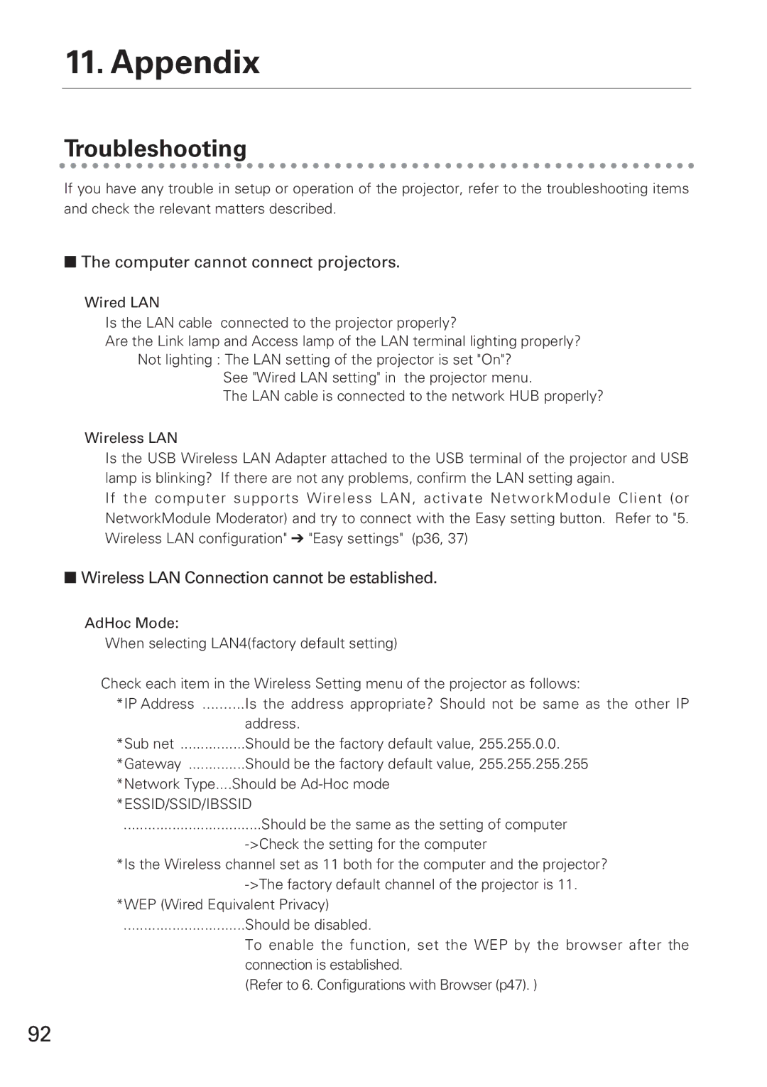 Eiki XG-705A Appendix, Troubleshooting, Computer cannot connect projectors, Wireless LAN Connection cannot be established 