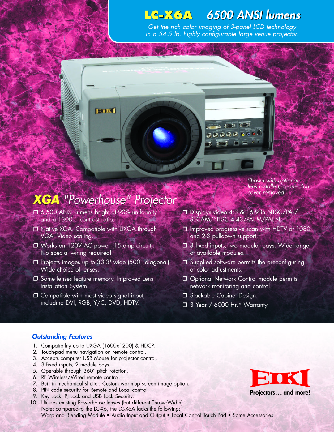 Eiki warranty 2345, LC-X6A 6500 ANSI lumens, XGA Powerhouse Projector, Outstanding Features 