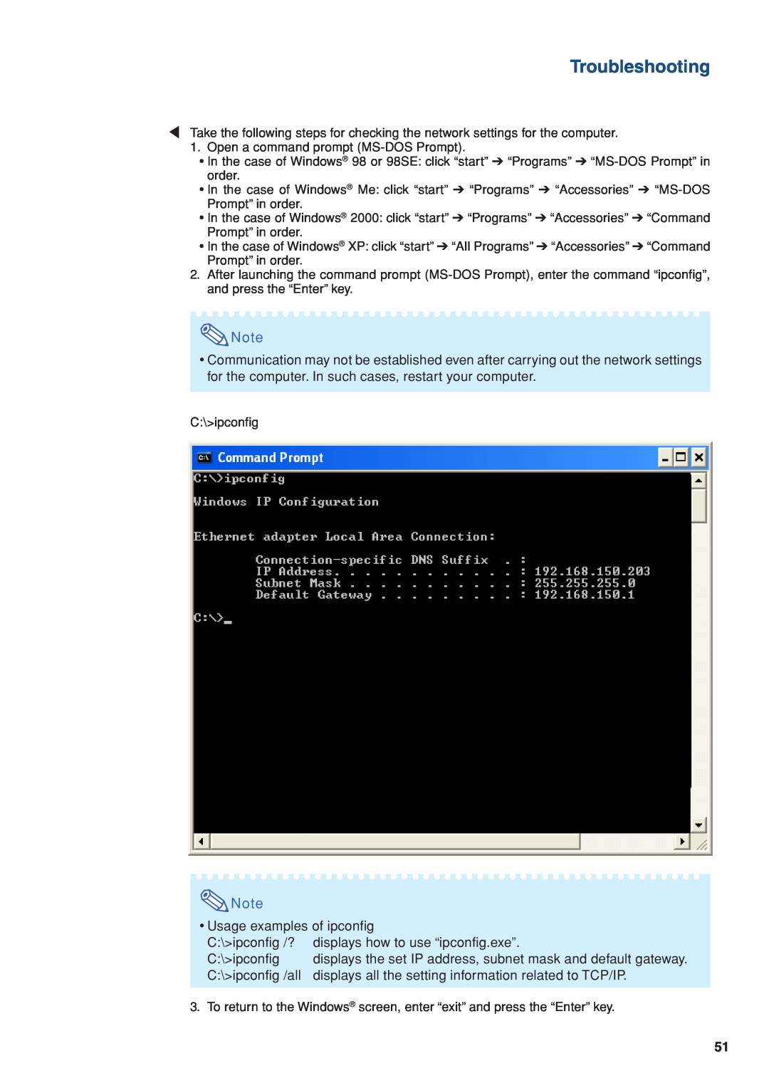 Eiki/Elf EIP-4500 Troubleshooting, Usage examples of ipconfig, C\ipconfig /?, displays how to use “ipconfig.exe” 