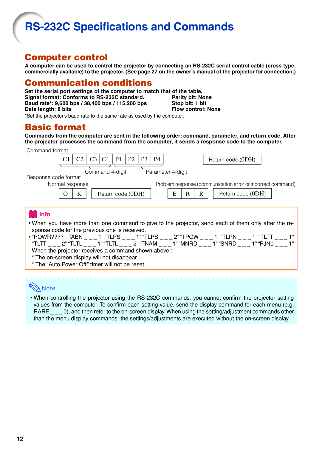 Eiki/Elf EIP-4500 setup guide RS-232C Specifications and Commands, Computer control Communication conditions, Basic format 