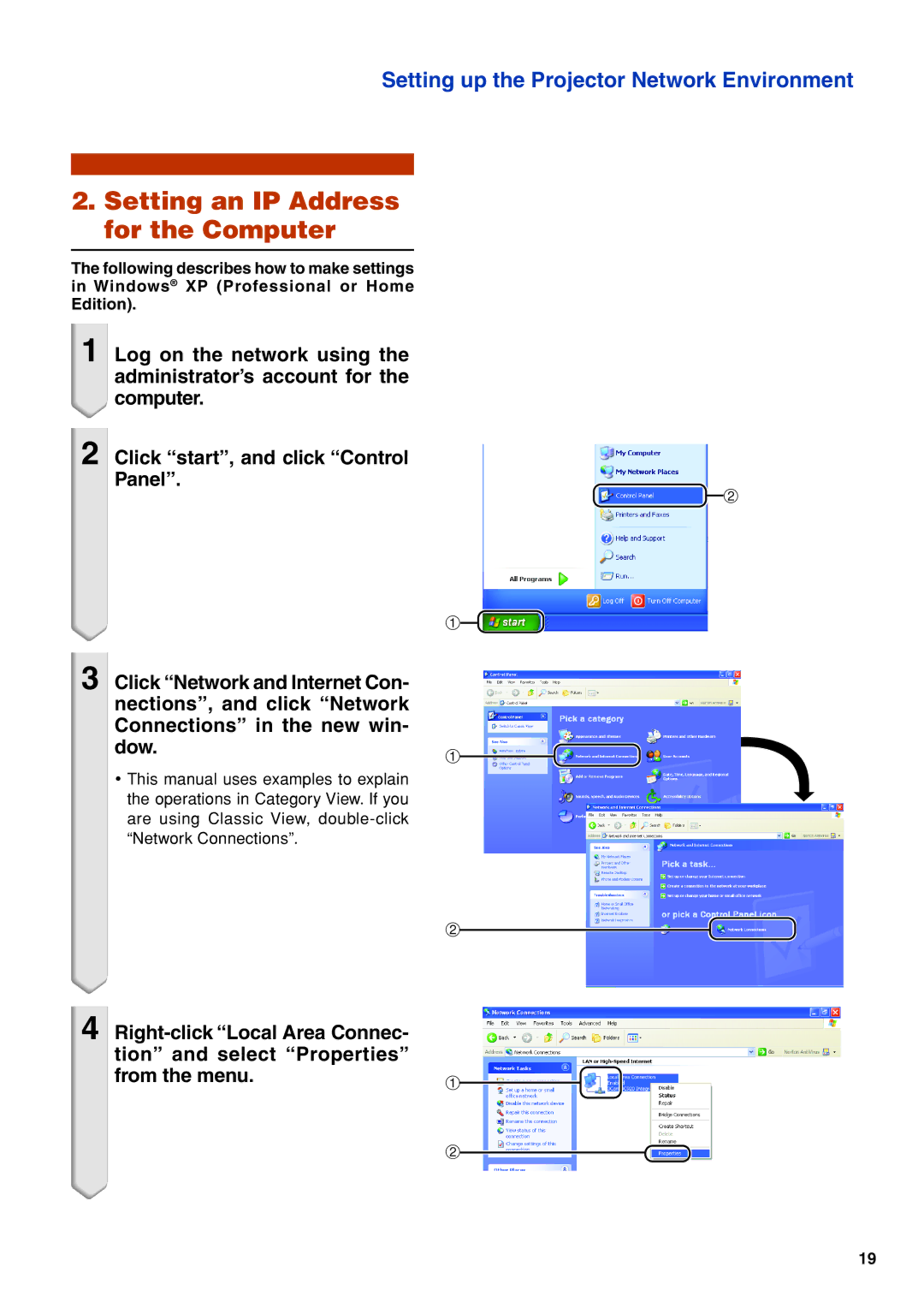 Eiki/Elf EIP-4500 setup guide Setting an IP Address for the Computer 