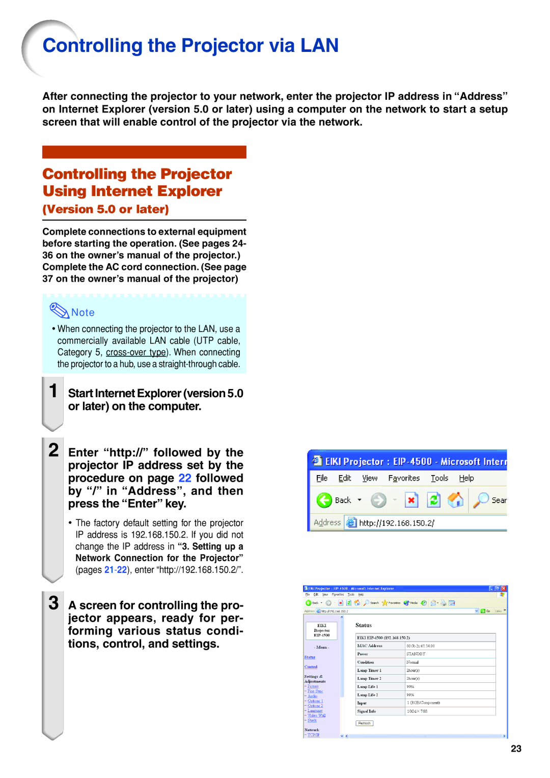 Eiki/Elf EIP-4500 setup guide Controlling the Projector via LAN, Controlling the Projector Using Internet Explorer 
