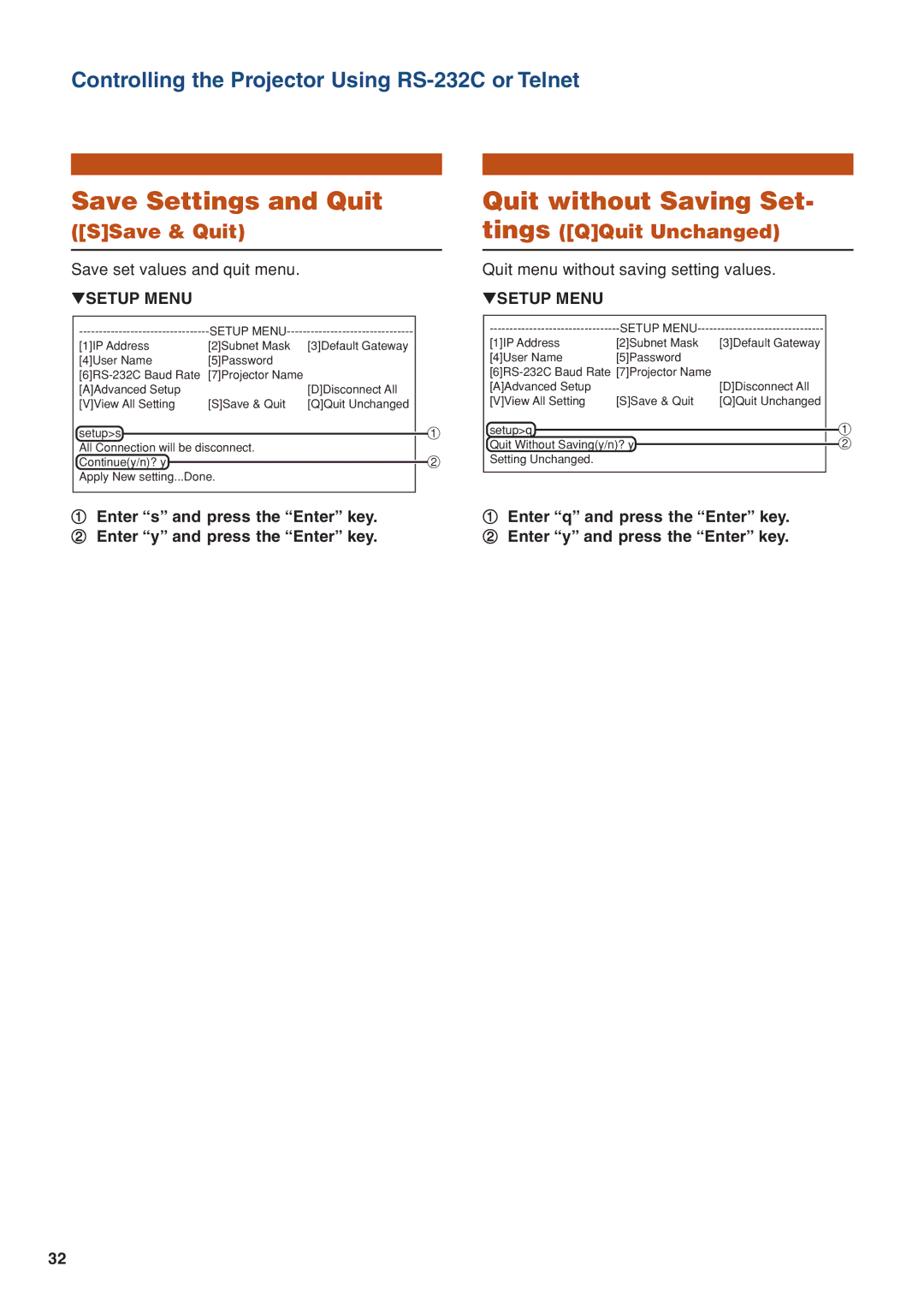 Eiki/Elf EIP-4500 setup guide Save Settings and Quit, Quit without Saving Set, SSave & Quit, Tings QQuit Unchanged 