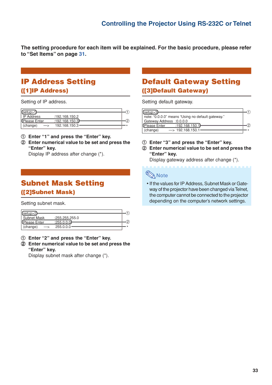 Eiki/Elf EIP-4500 setup guide IP Address Setting, Default Gateway Setting, Subnet Mask Setting 