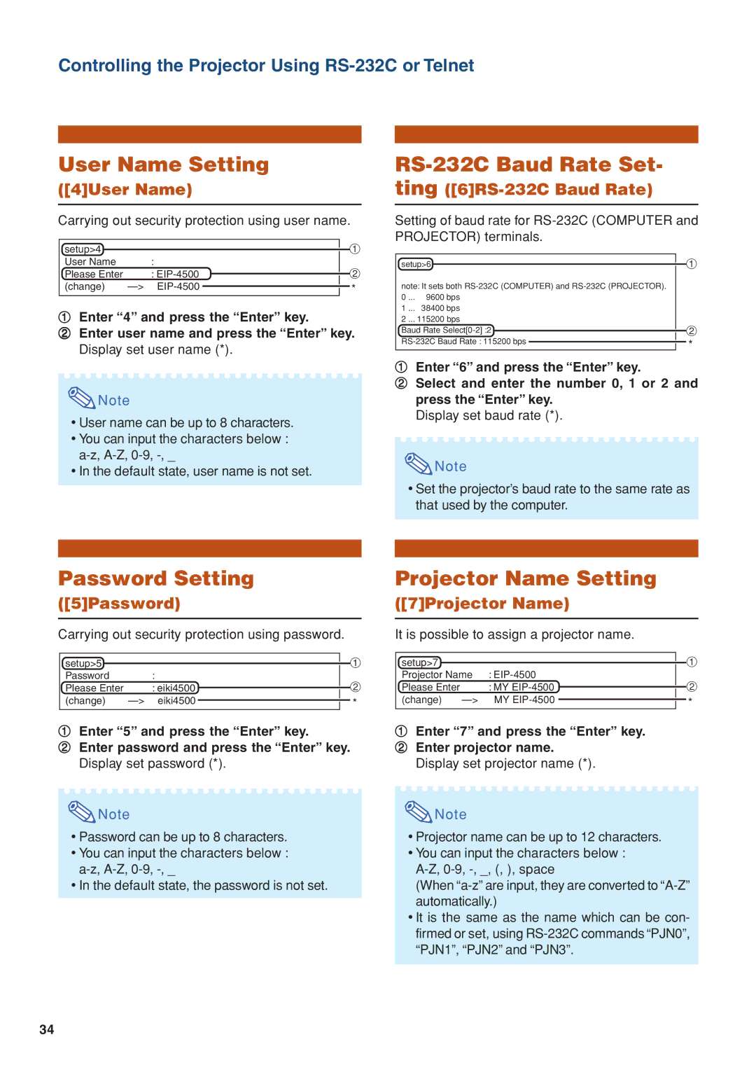 Eiki/Elf EIP-4500 setup guide User Name Setting, RS-232C Baud Rate Set, Password Setting, Projector Name Setting 