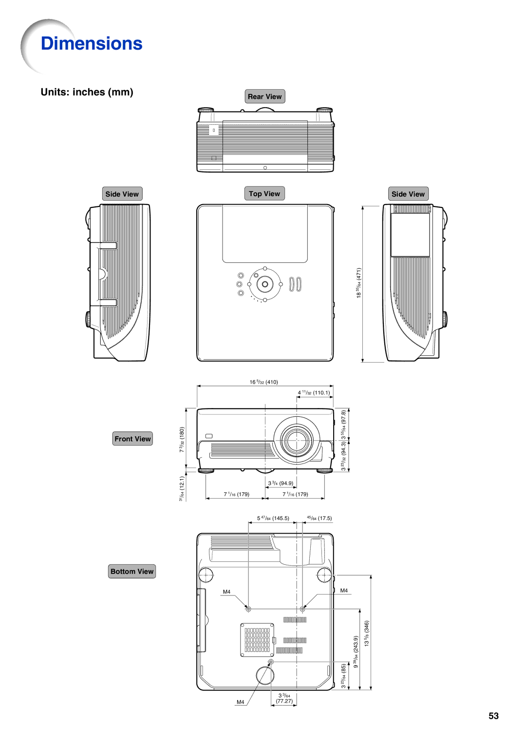 Eiki/Elf EIP-4500 setup guide Dimensions, Units inches mm 