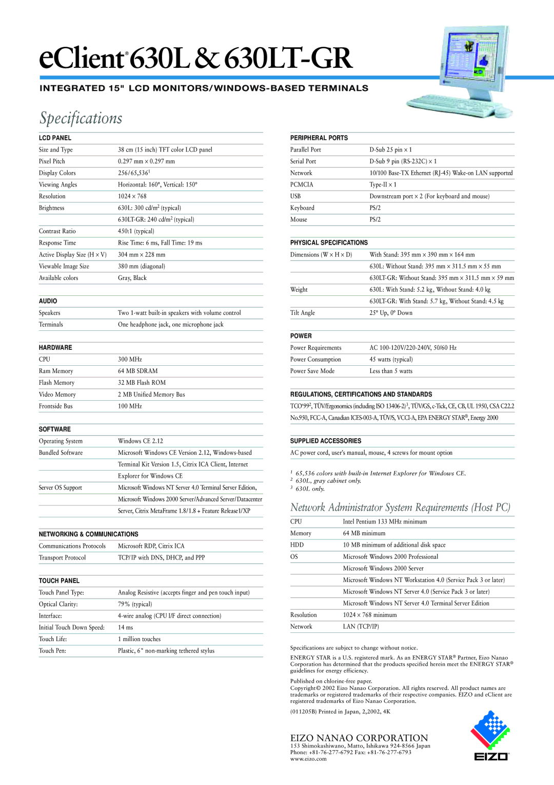 Eizo 630L manual Specifications, Integrated 15 LCD MONITORS/WINDOWS-BASED Terminals 