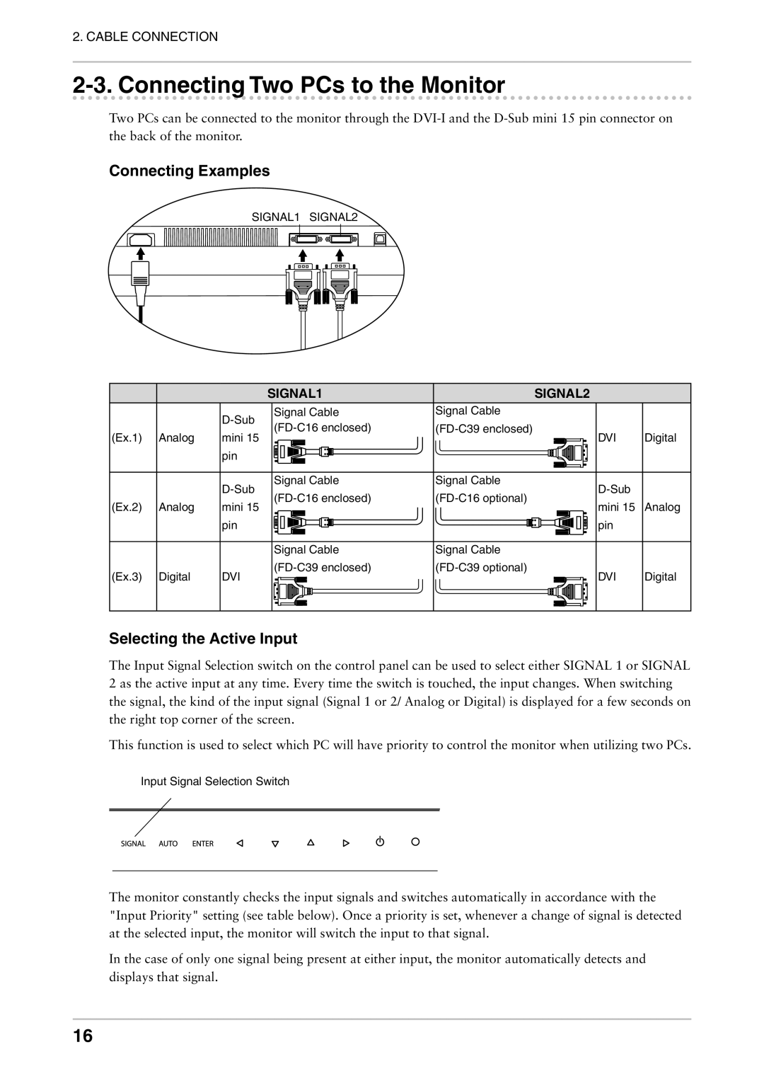 Eizo CE240W, CE210W user manual Connecting Two PCs to the Monitor, Connecting Examples, Selecting the Active Input 