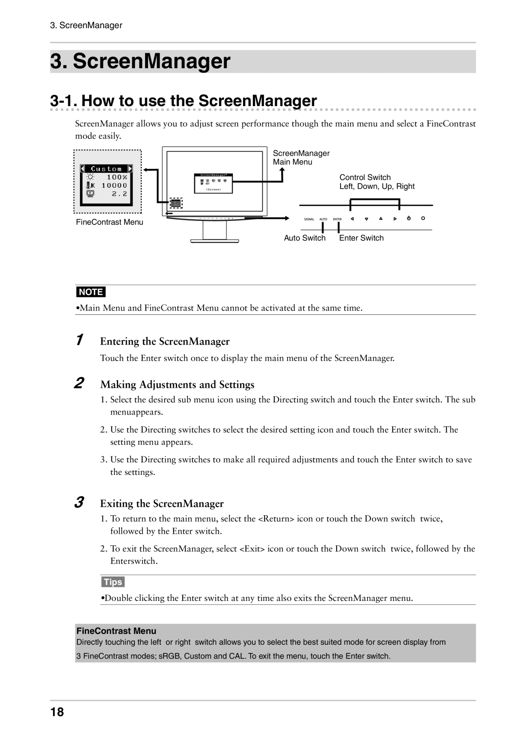 Eizo CE240W How to use the ScreenManager, Entering the ScreenManager, Making Adjustments and Settings, FineContrast Menu 