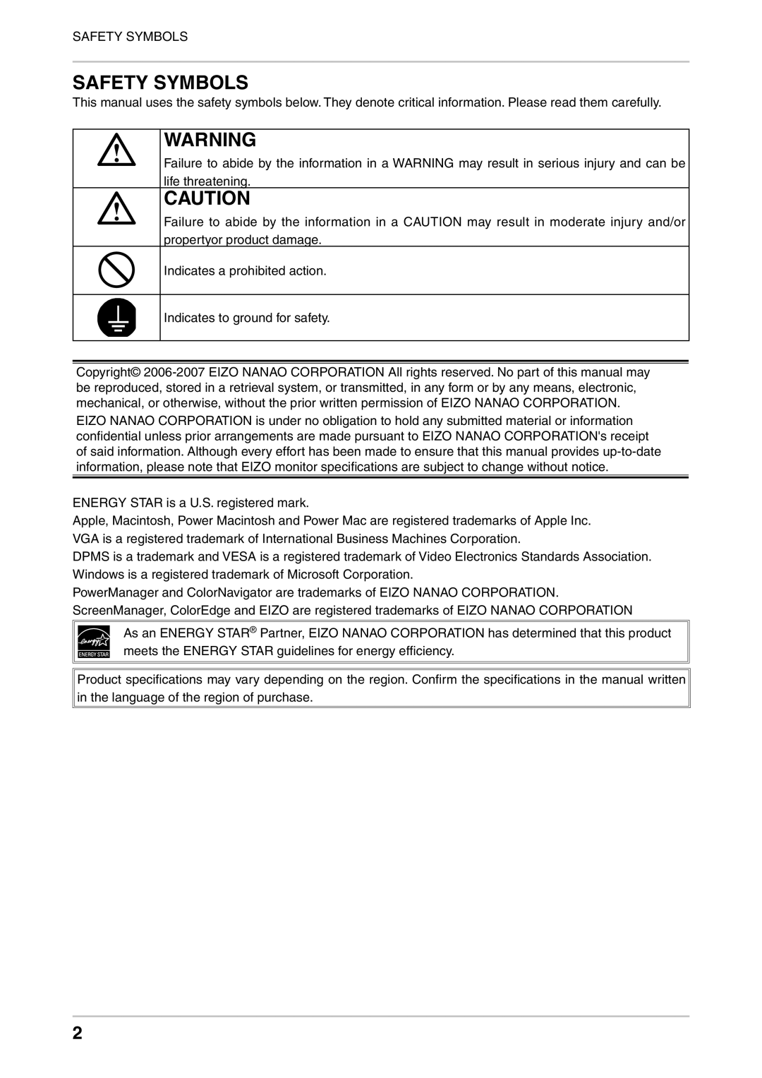 Eizo CE240W, CE210W user manual Safety Symbols 