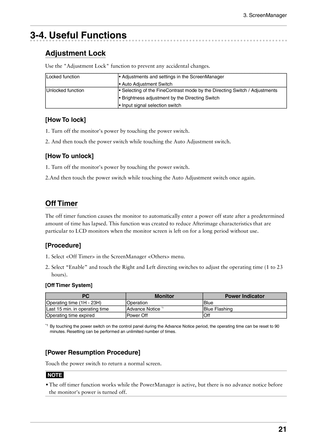 Eizo CE210W, CE240W user manual Useful Functions, Adjustment Lock, Off Timer 